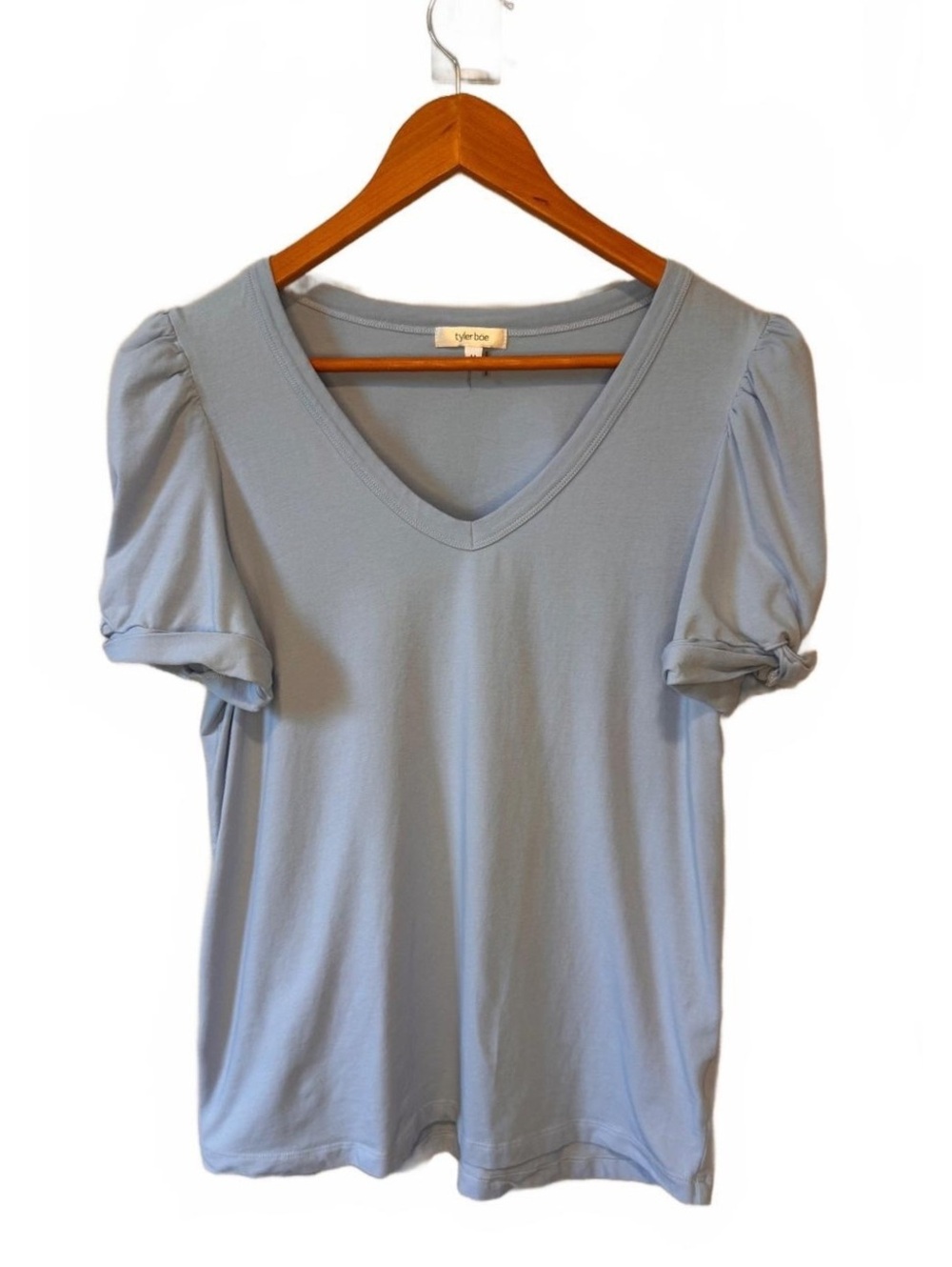 TYLER BOE | Puff Sleeve V-neck Light Blue Top Cotton Size M Elevated Casual